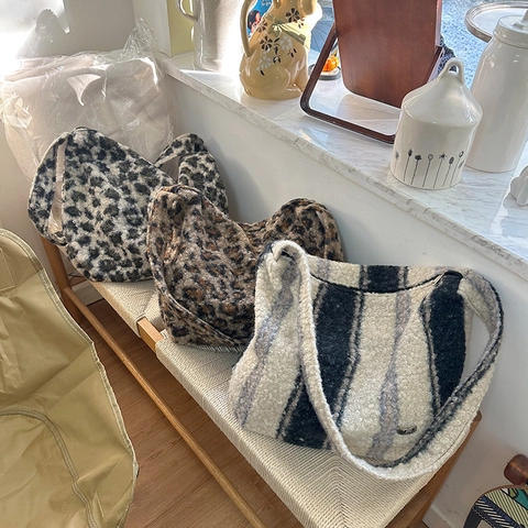 Bolso Tote De Peluche Piel Sintética Leopardo Rayas Mujer Gran Capacidad Bolso De Hombro Hobo Moda Otoño Invierno