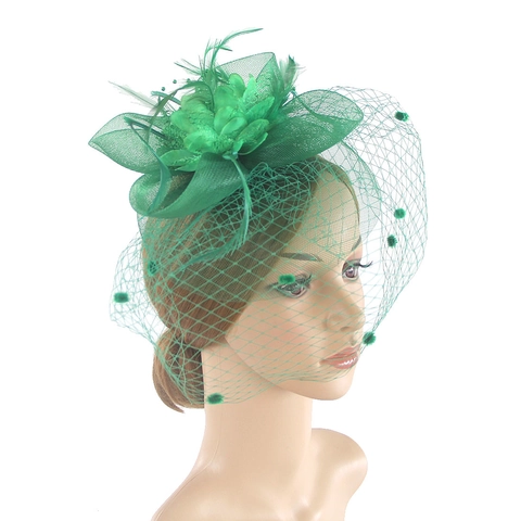 Elegant Mesh Feather Fascinator Hat For Women Wedding Tea Party Derby Retro Polka Dot Veil Hair Accessory