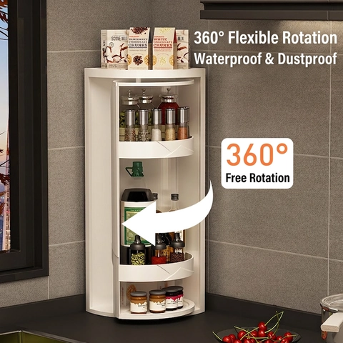 Rotating Kitchen Corner Storage Rack Plastic Multi Layer Spice Organizer Waterproof Dustproof Countertop Shelf
