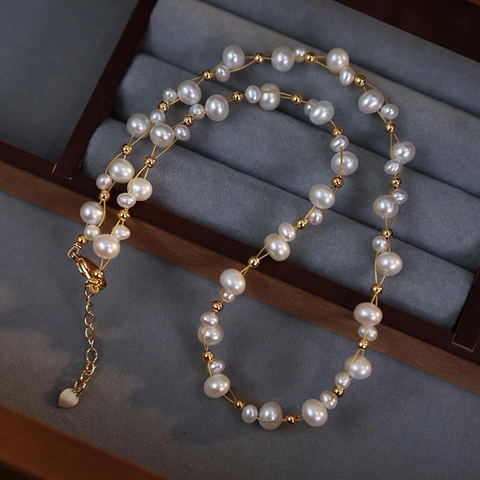 Franse Vintage Zoetwaterparel Kruisgeweven Halsketting Voor Dames Titanium Staal Verguld Sleutelbeenketting Paleisstijl Sieraden