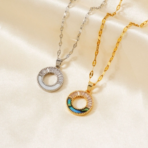 Retro Geometric Circular Pendant Necklace Copper Baguette Zircon Inlaid Mother Of Artificial Pearl Shell Fashion Jewelry For Women