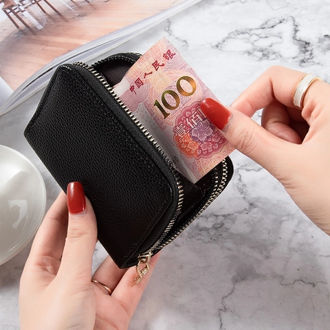 Tarjetero Para Mujer Cartera Cuero PU Textura Lichi Doble Cremallera Gran Capacidad Monedero Para Damas