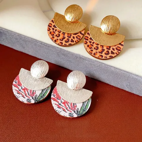 Geometrische Runde Holz Legierung Hängeohrringe Mit Silber Ohrstecker Vintage Leopard Wüste Muster Retro Schmuck Für Damen