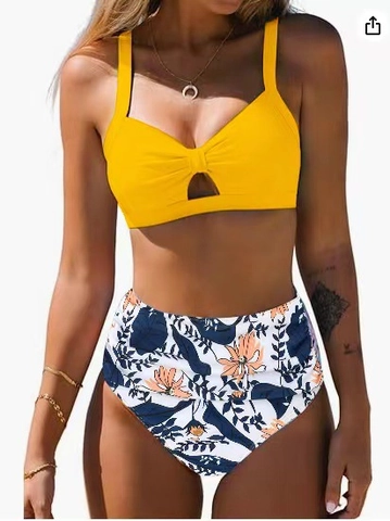Sexy Split Bikini High Waisted Tropical Floral Print Hollow Out Twist Front Polyester Swimsuit For Women
