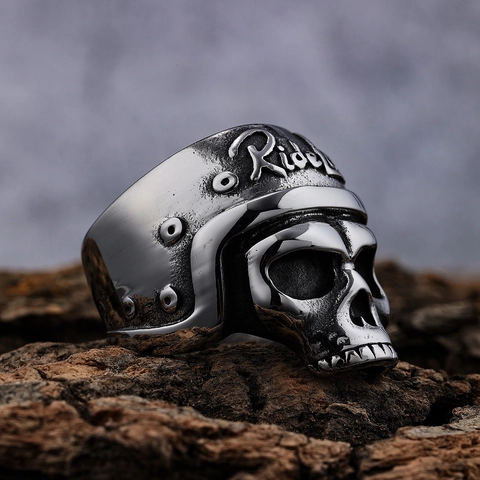 Skull Biker Helmet Ring Stainless Steel Ride Life Engraved Oxidized Gothic Punk Rock Jewelry