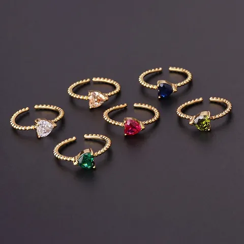 Heart Zircon Adjustable Ring Copper Gold Plated Beaded Band Colorful Gemstone Fashion Jewelry For Women