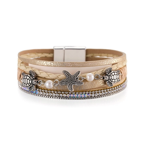 Multilayer Leather Wrap Bracelet Sea Turtle Starfish Alloy Charms Rhinestone Faux Artificial Pearls Magnetic Clasp Women Beach