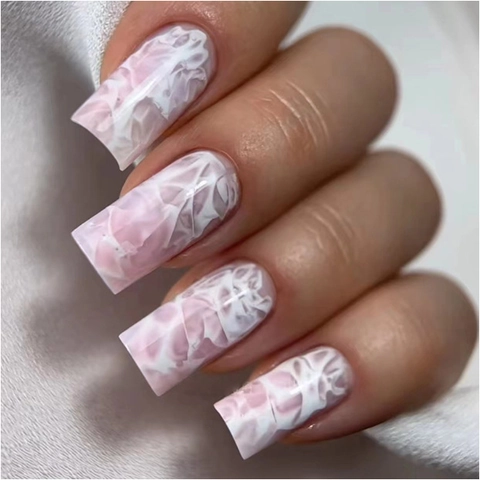 Kunstnagels Met Marmerpatroon Roze Wit Glanzend Lange Vierkante Valse Nagels Voor Vrouwen