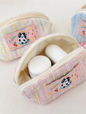 Cute Mini Tweed Earphone Case Cartoon Puppy Coin Purse Zipper Bag With Lanyard And Clasp For Women Girls
