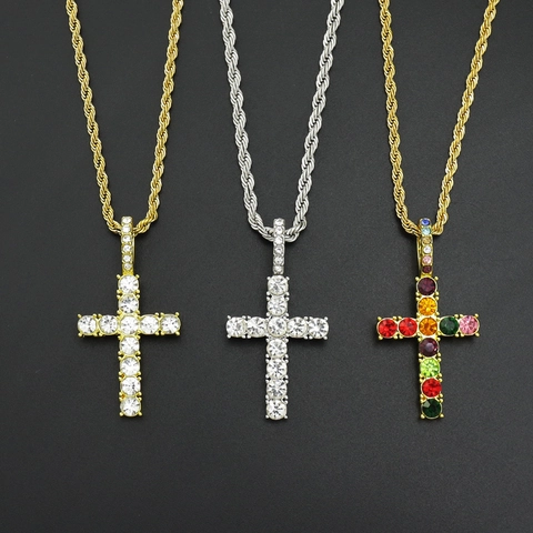 Collier Pendentif Croix Hip Hop Iced Out Alliage Strass Pierre Précieuse Colorée Chaîne Corde Bijoux Hommes