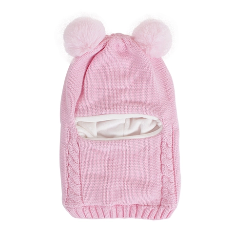 Kids Balaclava Hat Knitted Wool Fleece Lined With Pom Poms Winter Warm Neck Warmer Ear Protection For Baby Toddler