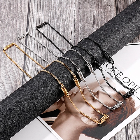 Stainless Steel Long Chain Necklace With Spring Coil Decorative Elements Punk Hip Hop Style Sweater Chain For Men Women