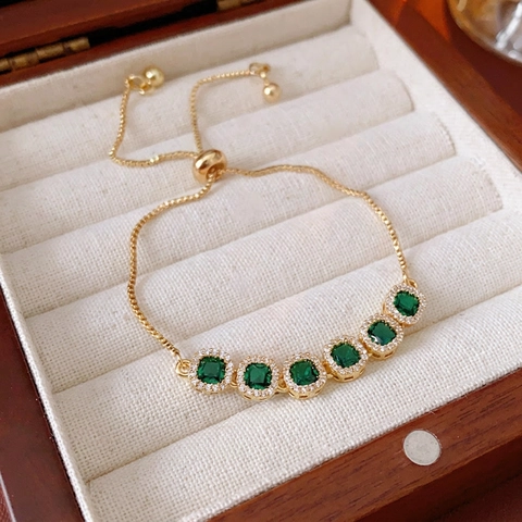 Women Copper Bracelet With Square Zircon Emerald Cut Green Gemstones Adjustable Bolo Clasp Luxury Elegant Jewelry