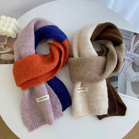 Écharpe Tricotée Bloc De Couleur Doux Chaud Hiver Faux Cachemire Tour De Cou Épais Style Coréen Écharpe Longue