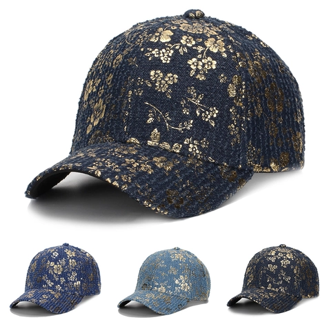 Casquette De Baseball Femmes Tissu Tweed Coton Imprimé Floral Doré Protection Solaire Chic Réglable Boucle Métal