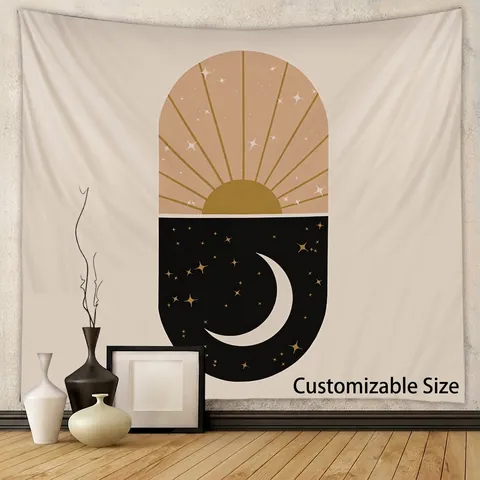 Tapiz De Pared Bohemio Tela Poliéster Cepillado Tema Sol Luna Estrella Decoración Habitación Fondo Estético