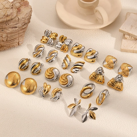 Geometric Hoop Stud Earrings Two Tone 18K Gold Plated Stainless Steel Vintage Fashion Jewelry For Women