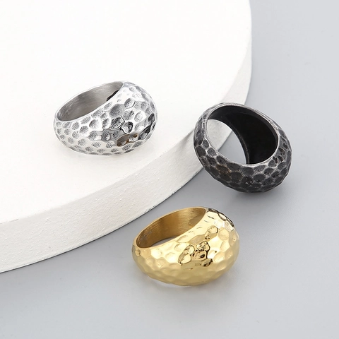 Hammered Texture Ring For Men 316L Stainless Steel Vintage Punk Wide Band Geometric Polished Signet Jewelry