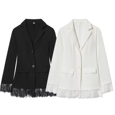 Women Elegant Lace Patchwork Blazer Long Sleeve Single Breasted Polyester Office Lady Jacket Outwear