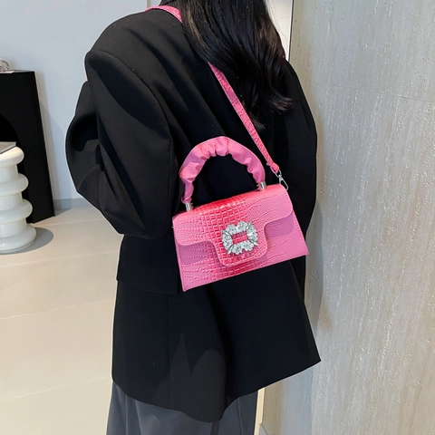 Sac à Épaule pour Femmes en Cuir PU Motif Crocodile Avec Boucle Carrée en Strass Étincelante et Poignée Froncée