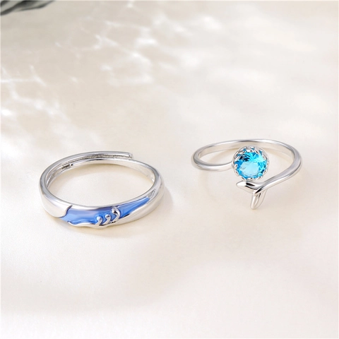 Copper Matching Rings Blue Zircon Fish Tail Ocean Wave Pattern Adjustable Open Ring Jewelry For Lovers