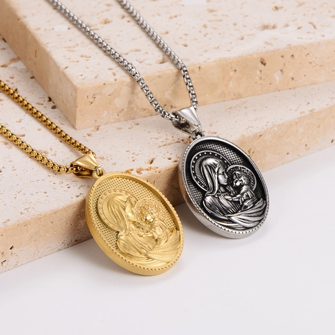 Collana Con Pendente Religioso Rilievo Madonna E Bambino Acciaio Inossidabile 304 Medaglia Ovale Gioielli Vintage Per Uomo Donna