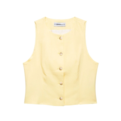 Donna Gilet Monopetto Senza Maniche E Pantaloncini Vita Alta Trama Lino Estate Casual Streetwear Giallo Chiaro
