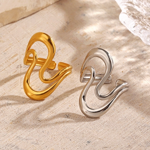 Anillo De Ola De Acero Inoxidable Mujer Chapado En Oro De 18K Ajustable Abierto Geométrico Irregular Línea Minimalista