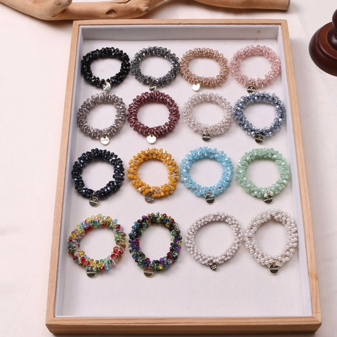 Crystal Beaded Hair Ties Bracelet Dual Use Rhinestone Elastic Ponytail Holder Elegant Beaded Hair Rings Women Girls