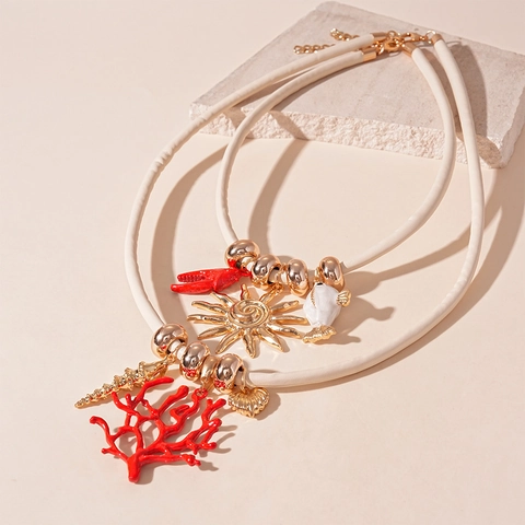 Beach Vacation Layered Necklace Alloy Enamel Coral Sun Shell Fish Pendants PU Leather Rope Bohemian Style Women