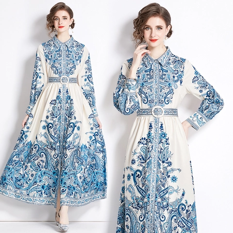 Paisley Print Chiffon Maxi Jurk Dames Lange Mouwen Reverskraag Knoopsluiting Elegant Retro Overhemdjurk Met Riem