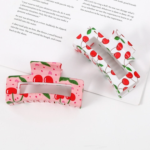 Grande Molletta Per Capelli Rettangolare In Acrilico Con Stampa Ciliegia Clip A Squalo Cava Accessorio Moda Per Donna