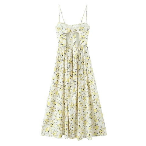Elegant Floral Camisole Midi Dress Polyester Spaghetti Straps Backless Bow Tie High Waist Summer Vacation Women