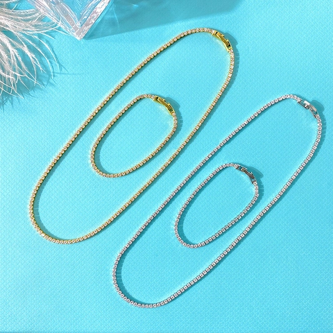 Sparkling Zircon Tennis Necklace And Bracelet For Women Copper Gold Plated Thin Row Diamond Jewelry Accessories