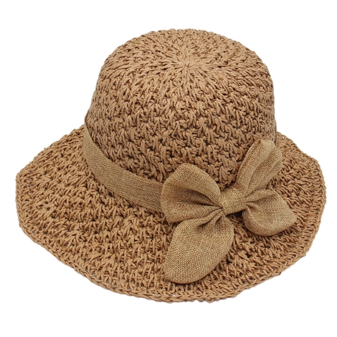 Women Sun Hat Straw Woven Bow Decoration Summer Beach Wide Brim Foldable Breathable Elegant