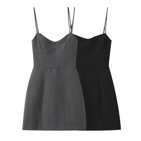 Women Polyester Cami Mini Dress Solid Color Deep V Neck Adjustable Straps Slim Fit Back Zipper Summer Party Elegant