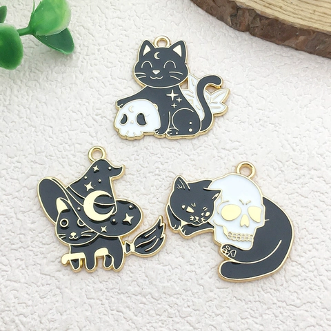 Halloween Cat Charms Alloy Enamel Moon Skull Pendant DIY Jewelry Making Accessories Gothic Mystery Style