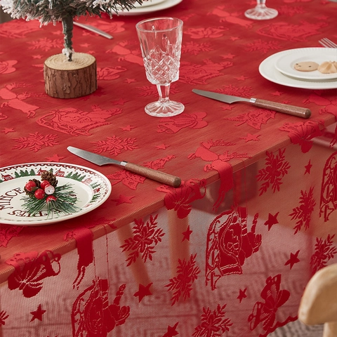 American Style Red Christmas Reindeer Lace Tablecloth Hollow Out Jacquard Snowflake Pattern Festive Party Home Dining Decor
