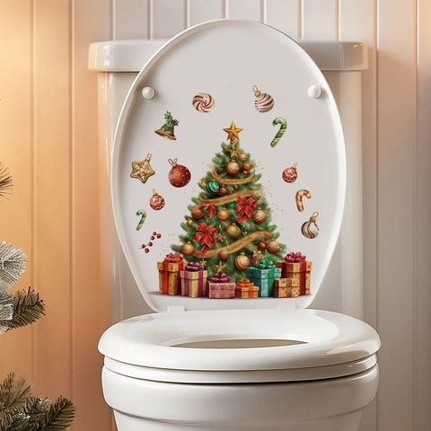 Christmas Tree Toilet Sticker PVC Removable Bathroom Decal Festival Wall Art For Home Holiday Party Decor