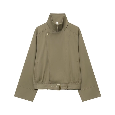 Cortavientos Corto Mujer Algodón Cuello Alto Cinturón Chaqueta Utilitaria Asimétrica Color Sólido Manga Larga