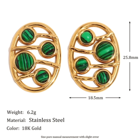 Vintage Oval Stud Earrings 18K Gold Plated Stainless Steel With Green Faux Malachite Hollow Geometric For Women Elegant