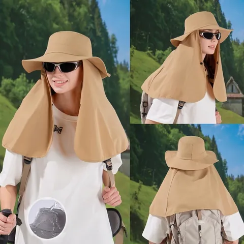 Outdoor Sun Protection Bucket Hat Polyester Waterproof Quick Dry Wide Brim With Neck Flap For Hiking Fishing Climbing