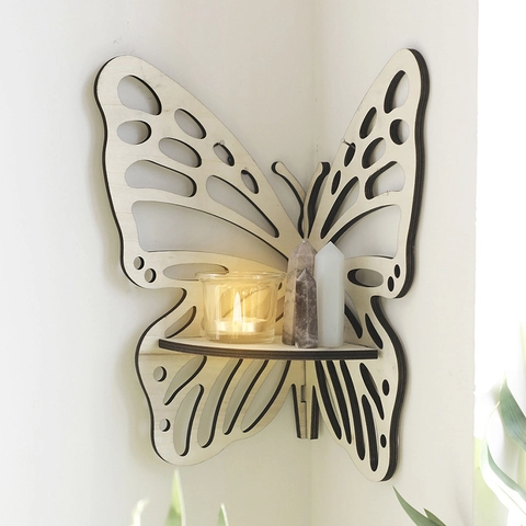Wooden Wall Shelf Hollow Butterfly Lotus Bat Corner Display Rack For Crystal Stone Essential Oil Home Decor