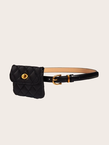 Women Fashion Faux Leather Waist Belt With Mini Quilted Bag Gold Pin Buckle Decorative Belt Bag For Jeans Dress Black