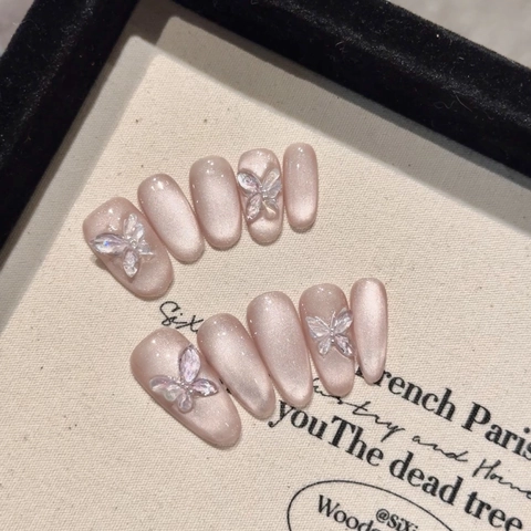 Handmade Press On Nails 3D Ice Crystal Butterfly Cat Eye Blush Nude Pink Gradient Fake Nails Reusable Artificial Nails