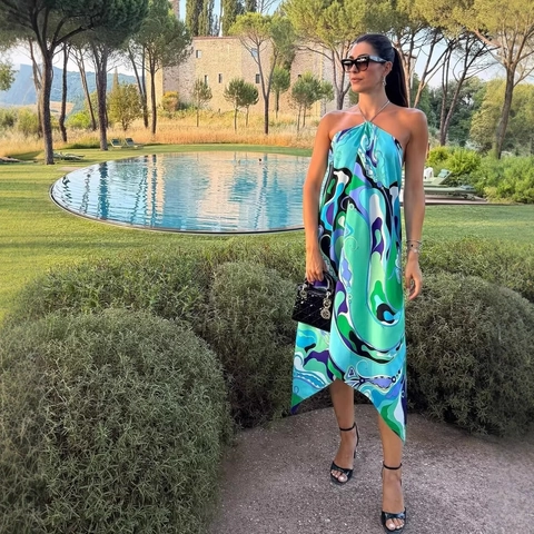 Halfter Maxi Kleid Mit Metallkette Abstraktem Wirbeldruck Rückenfrei Unregelmäßiger Saum Sexy Resort Stil Damen