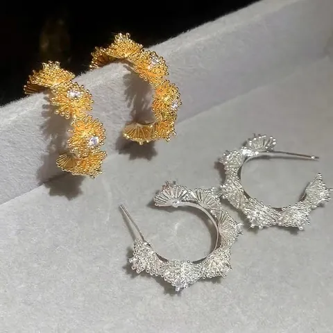 Flower Cluster C Shaped Stud Earrings Copper Zircon Inlaid With Silver Earring Post French Vintage Elegant For Women