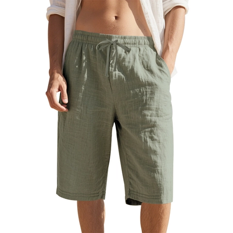Men Summer Linen Shorts Casual Beach Loose Straight Capri Pants Lightweight Breathable Drawstring Elastic Waist Bottoms