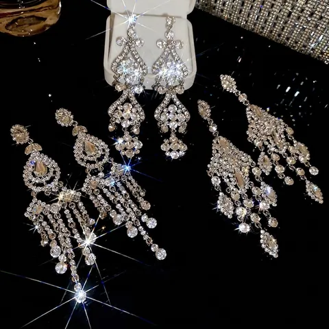 Orecchini Pendenti Con Strass E Perno In Argento Frangia Lunga Lampadario Lusso Matrimonio Festa Per Donne