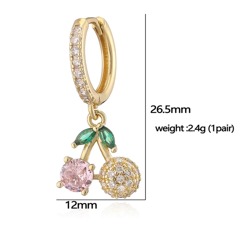 Copper Hoop Earrings With Cubic Zirconia Strawberry Cherry Heart Pendants Sweet Jewelry For Women